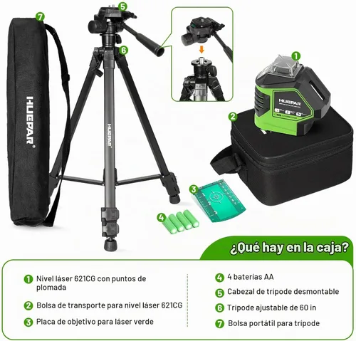 Vista 9 de Nivel láser con trípode de 60 pulgadas, nivel láser autonivelante Huepar con 2 puntos de plomada, herramienta niveladora láser de línea cruzada