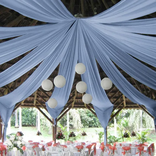 Vista 31 de 6 paneles de cortinas de techo azul bebé para boda, cortinas de techo de 5 pies x 10 pies, tela de drapeado para arco de boda, cortinas