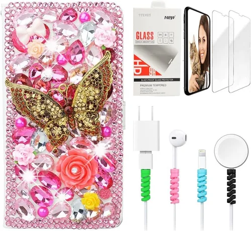 Vista 11 de Bling - Funda de piel con tapa para iPod Touch 5ª, 6ª y 7ª - Elegante - Diseño de flores en 3D - Funda de piel con protector de pantalla y protector
