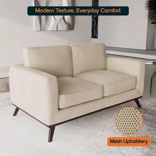 Vista 4 de LeisureMod Chester - Sofá de dos plazas de cuero y malla con base de madera de abedul para sala de estar, dormitorio u oficina (malla beige)