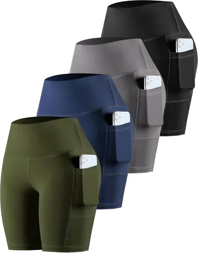 Vista 30 de CHRLEISURE - Pantalones cortos de ciclismo para mujer con bolsillos de licra, cintura alta, con control de abdomen para entrenamiento, yoga