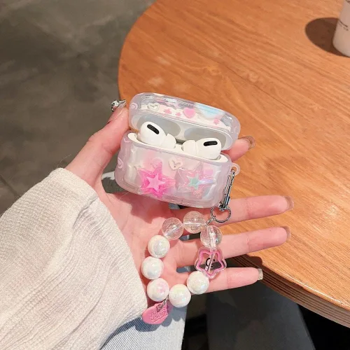 Vista 3 de MINSCOSE Funda transparente compatible con Airpods Pro 2, bonito diseño de estrellas 3D con llavero de corazón de amor, funda protectora de TPU