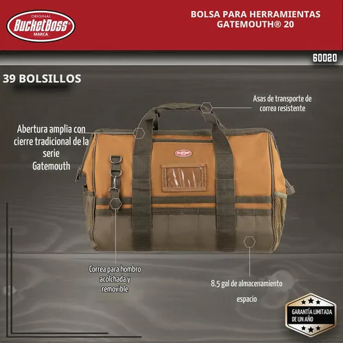 Vista 2 de Bucket Boss Bolsa de herramientas Gatemouth 20 en marrón, 60020, 32 litros