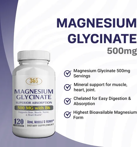 Vista 8 de 365 Health Glicinato de magnesio 500 mg por tableta – 120 tabletas vegetarianas – B6 añadido para una máxima absorción – Apoya la salud muscular