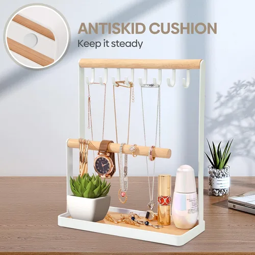 Vista 7 de Portin Organizador de joyas con bandeja de anillos de madera y ganchos almacenamiento de collares pulseras anillos relojes organizador de escritorio