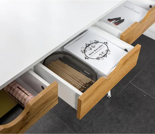 Vista 7 de Need Escritorio blanco con escritorio de almacenamiento, mesa de tocador, escritorio de computadora moderno con 3 cajones, mesa de tocador