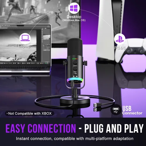 Vista 4 de Micrófono dinámico, USB-C/XLR para grabación de podcasts, grabación de podcasts, juegos y juegos con luz RGB, botón de silencio, soporte