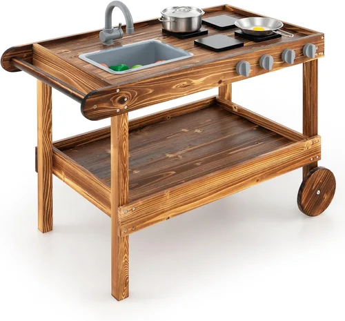 Vista 9 de Costzon Cocina de barro, cocina de juego al aire libre con fregadero, grifo, estufas y accesorios de cocina, estante de almacenamiento, carrito