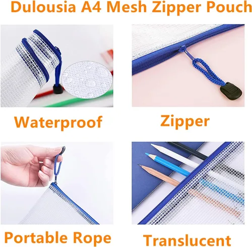 Vista 3 de 12 bolsas de malla con cremallera para documentos, carpetas de archivos A4 de PVC con cremallera de plástico, bolsas impermeables para rompecabezas