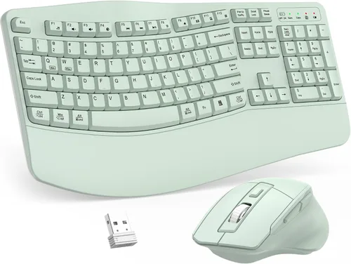 Vista 18 de Combo de teclado y mouse inalámbricos, teclado ergonómico de tamaño completo 2.4G con diseño de teclas onduladas y reposamuñecas, mouse ergonómico