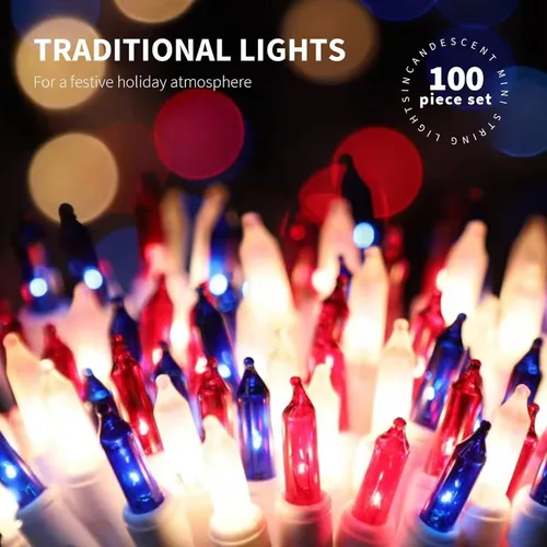 Vista 4 de 100 luces rojas, blancas y azules, extrabrillantes con conectores finales, decoración del 4 de julio, mini tira de luces patrióticas de 19.6 ft