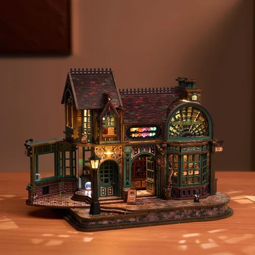 Vista 7 de FUNPOLA - Rompecabezas de madera 3D con luces LED, kit en miniatura de bricolaje, librería hechizada, exhibición de decoración del hogar, regalo