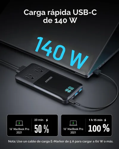 Vista 3 de Anker Prime Estación de carga, tira de alimentación de viaje 6 en 1 de 140 2 AC, 2 USB A, cable de extensión desmontable de 5 pies con múltiples