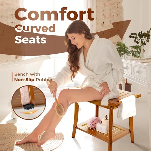 Vista 2 de Utoplike Banco de ducha de bambú con almacenamiento, taburete de ducha de madera con asas, asiento de baño para toallas, spa, ducha