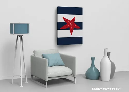 Vista 4 de Ilustración roja de estrellas de mar, fondo a rayas azul marino y blanco, decoración náutica, lienzo impreso en lienzo costero, decoración