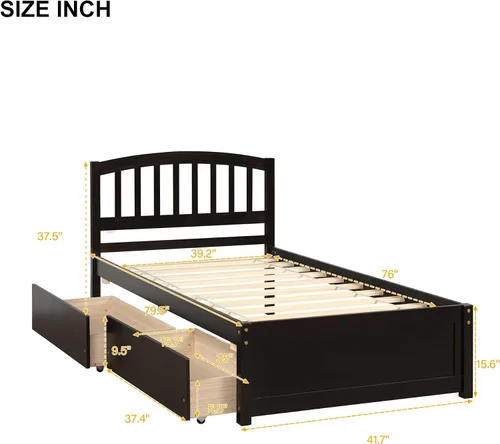 Vista 2 de Harper & Bright Designs Cama de almacenamiento de madera con dos cajones y cabecera, color espresso