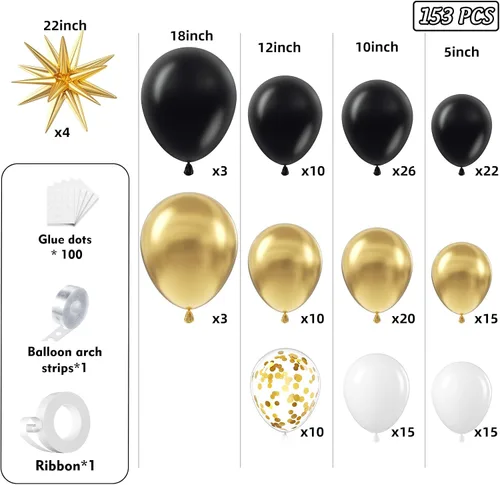 Vista 2 de Kit de guirnalda de arco de globos negros y dorados con estrella, 22, 18, 12, 10, 5 pulgadas, globos de látex negros metálicos dorados y blancos