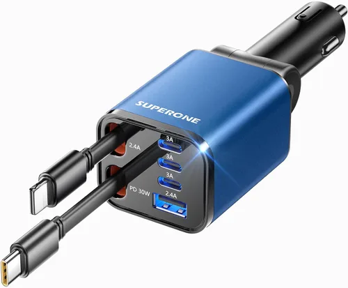 Vista 14 de SUPERONE - Cargador retráctil para automóvil, 99 W, con cables, carga rápida, adaptador USB C para iPhone 17, 16, 15, 14, 13, 12, Samsung, negro