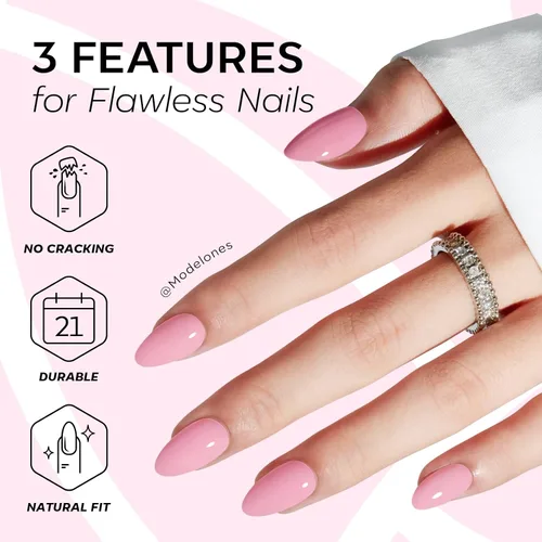 Vista 4 de Modelones Uñas postizas a presión color rosa almendra, uñas postizas cortas de primavera, kit de uñas reutilizables con pegamento de uñas, mini lima