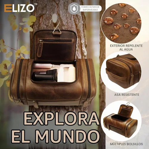 Vista 3 de ELIZO Neceser de cuero genuino para hombre, Antiguo