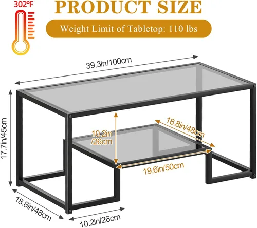 Vista 2 de Wolawu Mesa de Café de Cristal Gris Mesa de Café para Sala de Estar, Mesa Central Rectangular de 2 Niveles con Marco de Metal Resistente, Mesa
