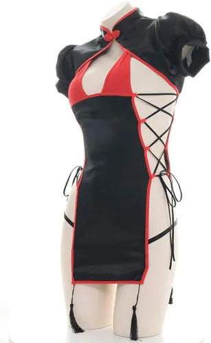 Vista 4 de Yameidie Vestido chino Cheongsam para mujer, lencería de anime para cosplay, con abertura alta, Qipao tradicional (negro), Negro