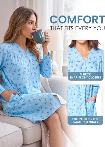 Vista 4 de Casual Nights Vestido largo de franela con botones florales en la parte delantera, manga larga, bata de casa holgada para mujer Floral azul