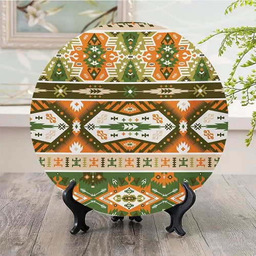 Vista 2 de Platos decorativos, adorno con estampado tribal, diseño de rayas estilo de cultura maya azteca, 6 pulgadas, 1 plato con 1 soporte de exhibición