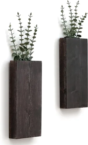 Vista 8 de GRID FORTE Juego de 2 macetas de pared de madera de nogal oscuro, bolsillo de pared para vegetación y flores secas, decoración de pared de granja