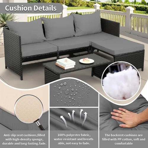 Vista 7 de Valita Juego de muebles de ratán PE para exteriores, 3 piezas, para patio, sofá biplaza de conversación de mimbre negro, sofá seccional, cojín gris