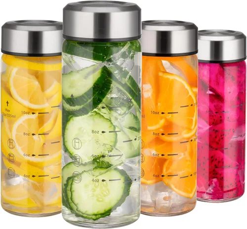 Vista 8 de Botellas de jugo de vidrio de 12 onzas - 2 paquetes de botellas de agua de boca ancha con tapas para jugos, botellas de jugo reutilizables