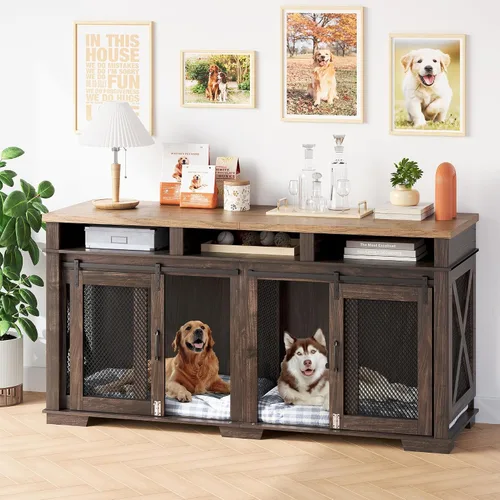 Vista 7 de Mueble de jaula para perros de 71 pulgadas para 2 perros, perrera con 3 cajones de almacenamiento y divisor extraíble, jaula doble extragrande