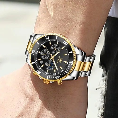 Vista 9 de OLEVS Relojes para hombre, de acero inoxidable, impermeables, con fecha, analógico, de cuarzo, de moda, para negocios, relojes de pulsera
