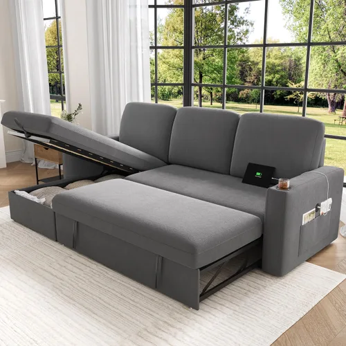 Vista 3 de Keyluv Sofá cama extraíble de 87 pulgadas con diván de almacenamiento, sofá cama modular reversible 2 en 1 con estación de carga y soporte