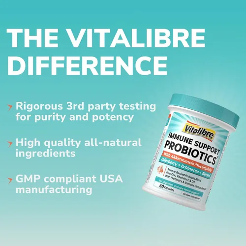 Vista 7 de Vitalibre Akkermansia Probióticos para mujeres y hombres, suplemento de apoyo inmunológico, 16 cepas, con prebióticos, zinc, vitaminas C y D3
