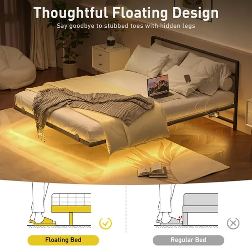 Vista 4 de Marco de cama flotante completo con cabecero, marco de cama de plataforma moderna con luces LED y estación de carga USB, marco de cama de metal