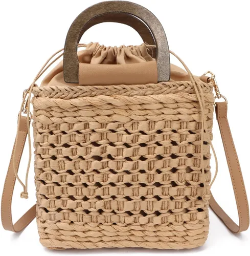Vista 7 de Ynport Bolso de paja para mujer, de verano, playa, con cordón, de ratán, hecho a mano, tejido hobo
