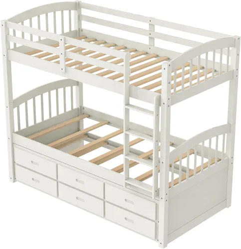 Vista 9 de Harper & Bright Designs Litera de madera maciza con nido, litera individual sobre individual con 3 cajones de almacenamiento y riel de seguridad, se