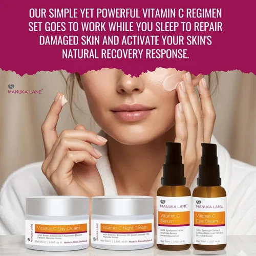 Vista 3 de Manuka Lane Régimen completo de cuidado de la piel con vitamina C Incluye (1) crema de día, (1) crema de noche, (1) suero facial, (1) ojo