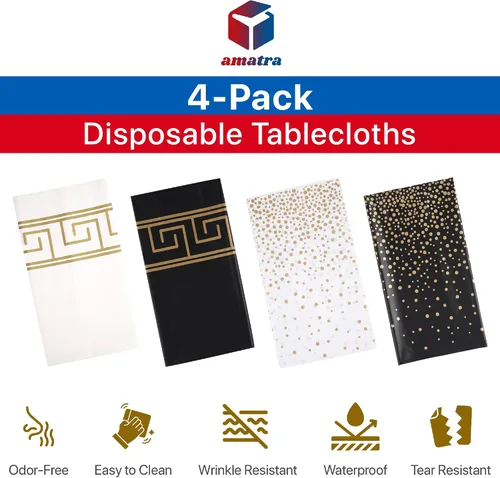 Vista 3 de Paquete de 4 manteles desechables en blanco y negro de 54 x 108 pulgadas, resistentes, impermeables, fundas de plástico rectangulares con diseño