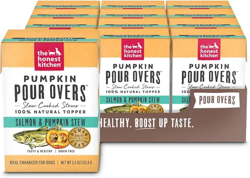 Vista 11 de The Honest Kitchen Pumpkin POUR OVERS - Toppers húmedos para perros (paquete de 12), 5.5 onzas, estofado de pollo