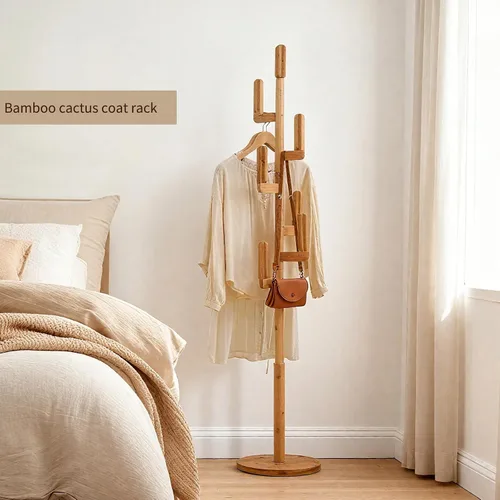 Vista 2 de Perchero de bambú Cactus para abrigos y ropa, estante de ropa independiente con 6 ganchos para adultos y niños, perchero resistente y moderno