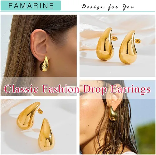 Vista 3 de FAMARINE Aretes de oro con forma de gota de agua para mujer, aretes grandes de oro con forma de lágrima