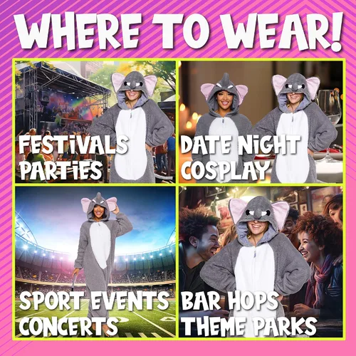 Vista 4 de Funziez! Mameluco de sherpa ajustado para adultos, disfraz de Halloween de animales, traje de cosplay de una pieza de felpa para mujeres y hombres