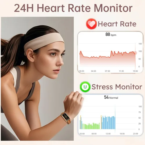 Vista 4 de Rastreador de actividad física para mujer, reloj de fitness para mujer, correa de cuero, funda de aleación, monitor de frecuencia cardíaca de lujo