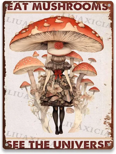 Vista 11 de Letrero retro de hojalata con texto en inglés "Eat Mushrooms See The Universe for Kitchen Bar Garage Decor 8.00"x12.00