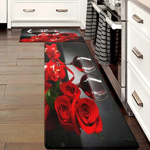 Vista 6 de Juego de 2 alfombras y tapetes de cocina de vino tinto, diseño de rosas modernas, antifatiga, antideslizantes, lavables, para cocina, fregadero