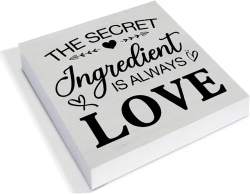 Vista 2 de Letrero de madera rústica para cocina, decoración de escritorio, con texto en inglés "The Secret Ingredient Is Always Love", letrero de bloque