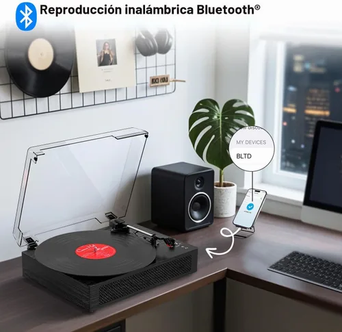 Vista 2 de Tocadiscos de vinilo Bluetooth con altavoces estéreo incorporados, transmisión por correa, tocadiscos de 3 velocidades para discos de vinilo