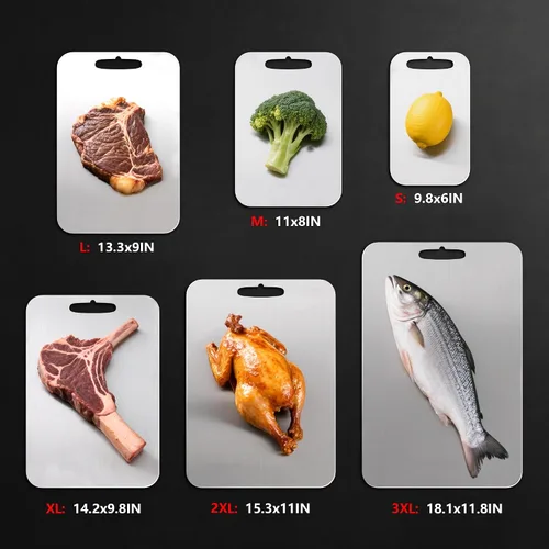 Vista 2 de URMONA 3 tablas de cortar de acero inoxidable 304 para cocina, tabla de cortar carne, alisar bordes, acero inoxidable de grado alimenticio, fácil